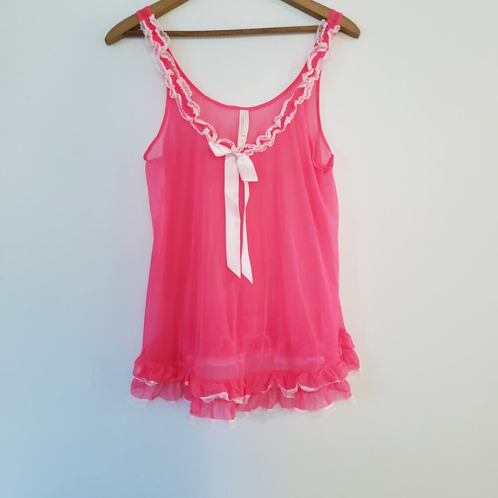 Victoria's Secret Sheer Iconic Fluorescent Neon Pink Babydoll Tiered Ruffles Bow